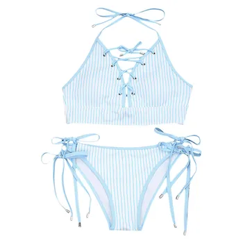 

FREE OSTRICH Women's blue and white striped two-piece underwear pajamas push-ups beach loaded large size beach set Biquini