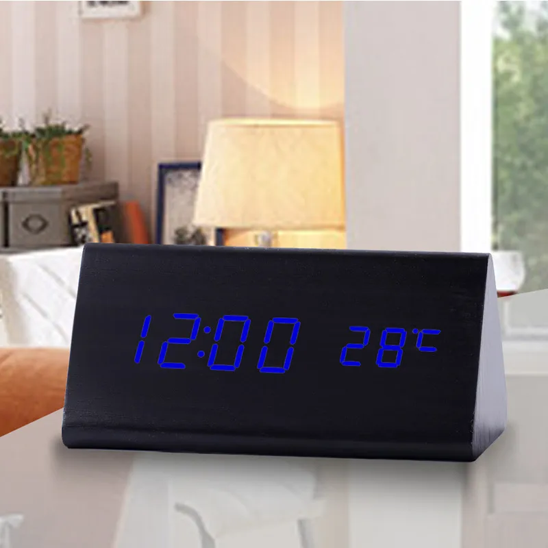 Высококачественный бамбуковый и деревянный треугольный акустический контроль светодиодный цифровой будильник термометр Horloge светящийся Relogio Despertador - Цвет: black blue clock