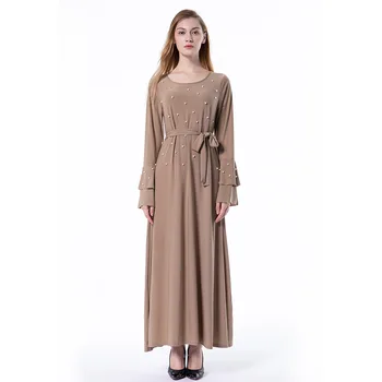 

Fashion Women Islamic Dress O Neck Long Flare Sleeve Beading Plus Size 3XL Patchwork Elegant Women Muslim Abaya Dress Robe Dubai