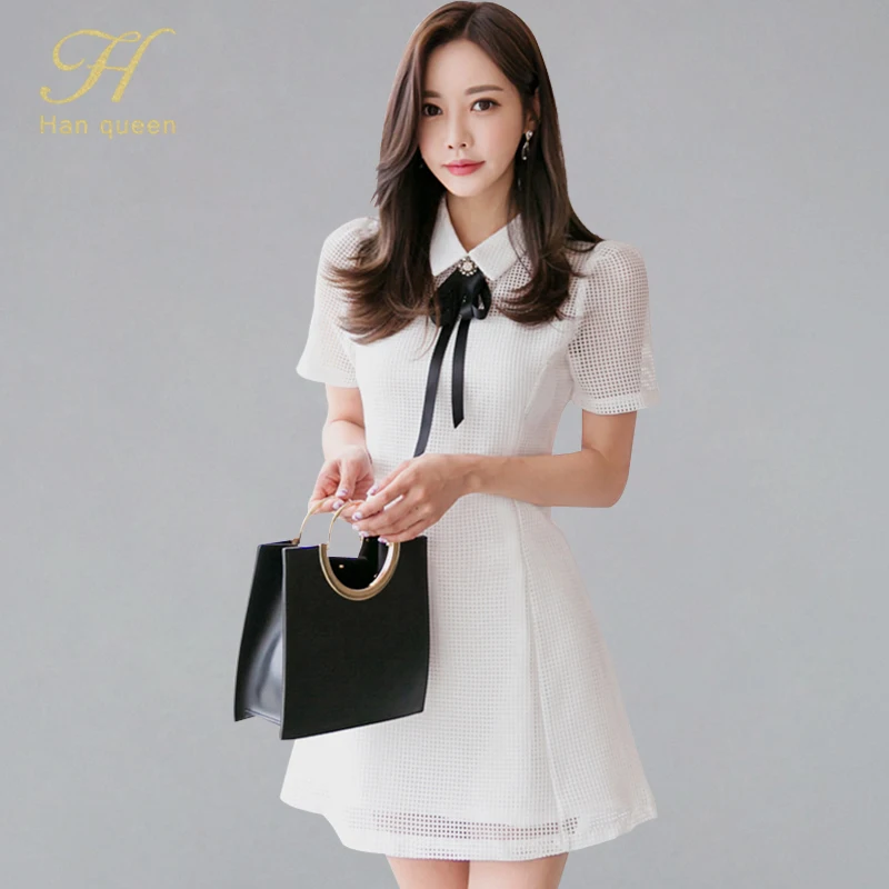 

H Han Queen Ribbons Hollow Out Mesh A-line Dress Women 2019 Summer OL See Through Dresses New Casual Sweet Preppy Style Vestidos