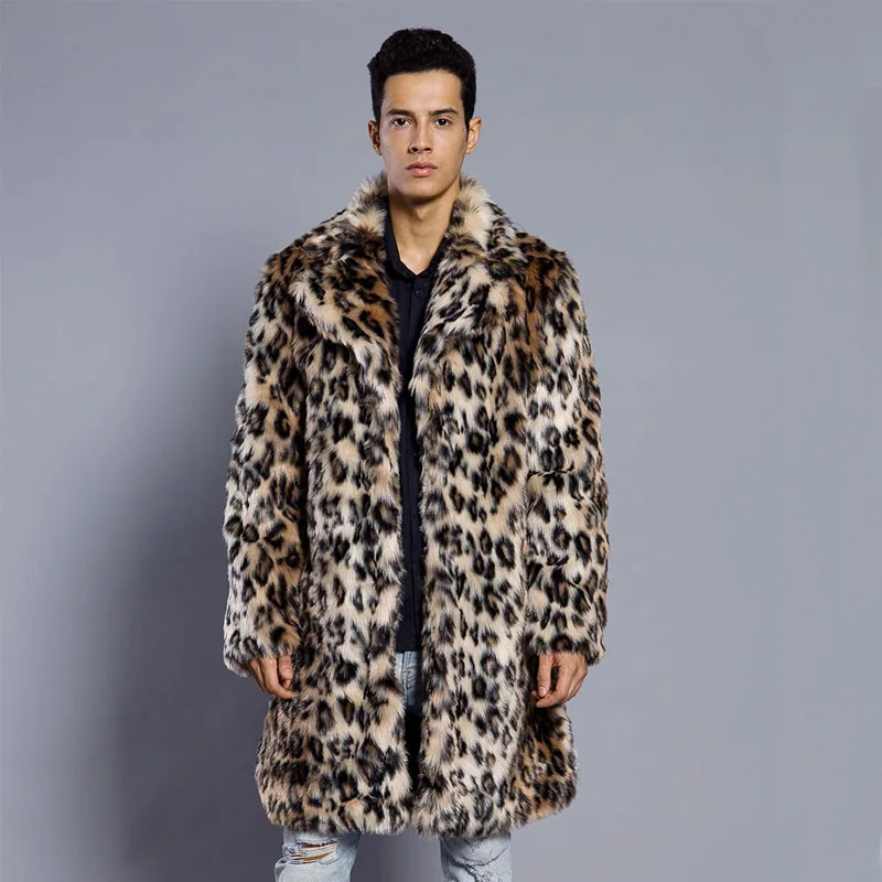 Hoge kwaliteit Luxe Faux Fur jas voor Mannen Jas Winter Warm Mode Luipaard Print kunstmatige bont mannen lange Jassen jas