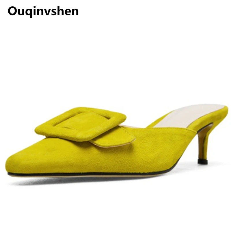 

Ouqinvshen Buckle Strap Slippers Women Plus Size Yellow Kid Suede Thin Heels Concise Pumps Shoes Women Fashion Mules Shoes Women