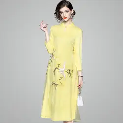 SHENG Коко и длинным Chipao Cheongsam Qipao платья свободные новый шаблон женщина цвет желтый, синий; размеры 34–43 вышивка, пряжа Феникс богиня