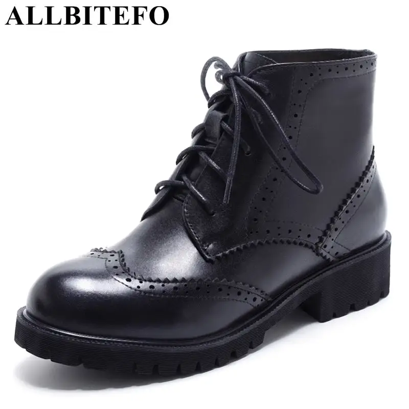

ALLBITEFO natural genuine leather women girls boots low heel shoes for girls High quality ankle boots fashion motorcycle boots