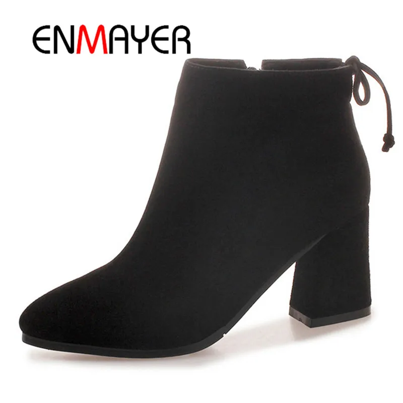 

ENMAYER Ankle Boots Pointed toe Thick heels Lady Med heels boots Big size 34-42 Causal Black Shoes women Lace up Zipper CR987