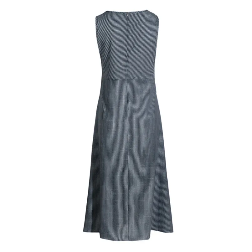 New Women Summer Fashion Casual Striped Print Sexy Sleeveless Dress Crew Neck Linen Long Elegant Lady Casual Daily dress #4R08 (2)