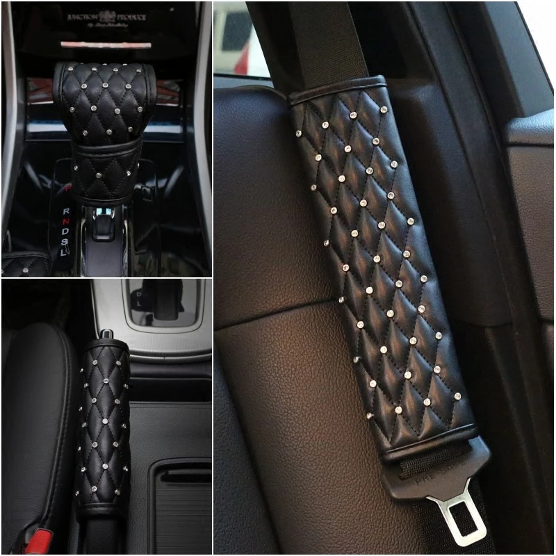 Full Crystal Car Seat Belt Cover Black Leather with Full Crystal Car Seat Belt Cover Black Leather with
