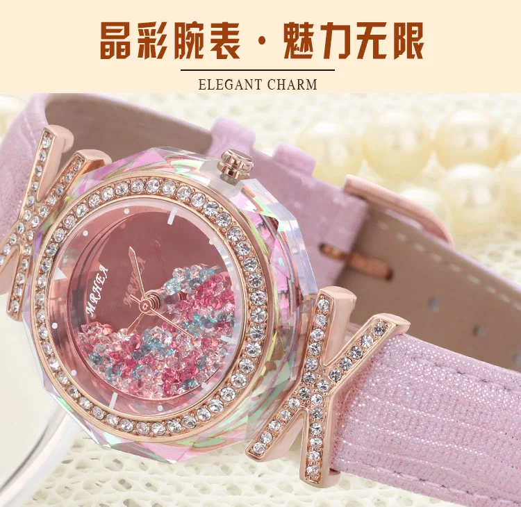 Модные часы с розовыми кристаллами, зыбучие пески, женские модные трендовые стразы, атмосферная индивидуальность, досуг, ремень, женские часы