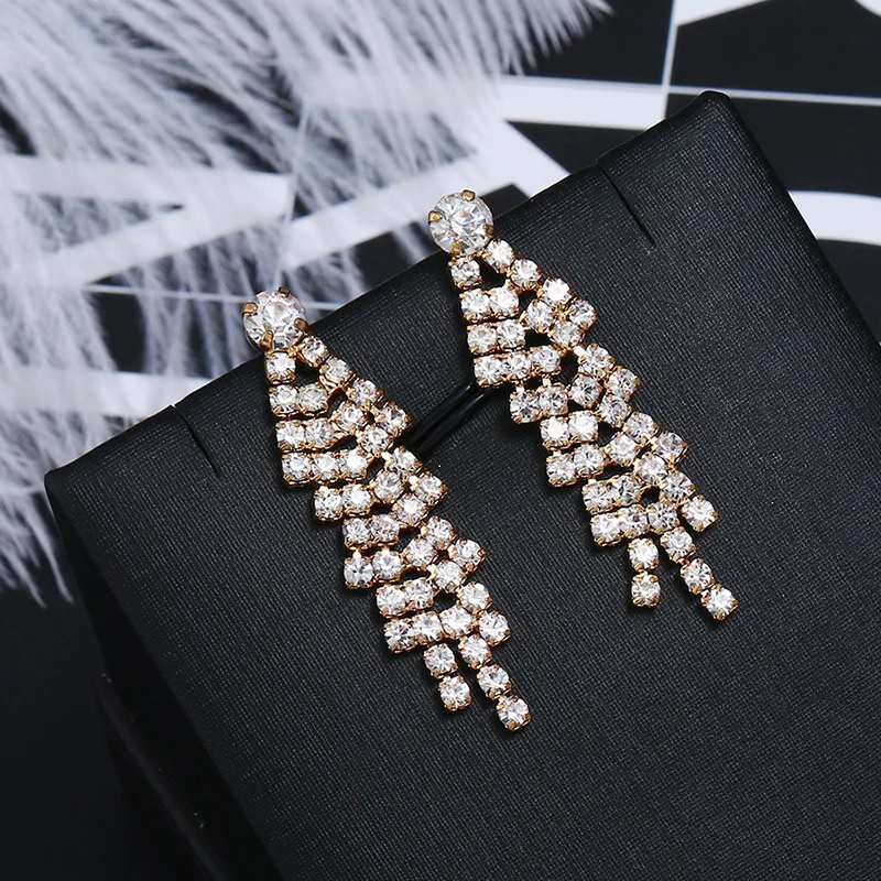 Italian Design Super-long Rhinestone Tassel Earrings Sliver Chain Drop Earrings