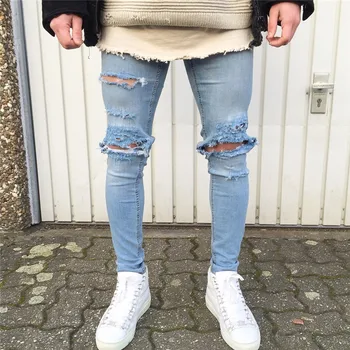 

2018 New Men's Destroyed Hole Knee Denim Party Ripped Jeans Mens Clothing Plus Size
