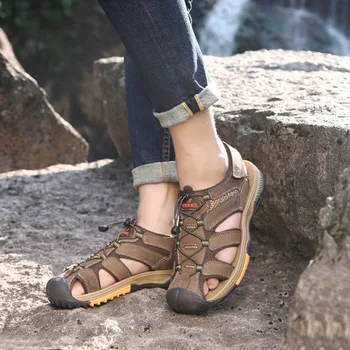 

Summer New Men's Leather Outdoor Beach Playing Sandals Casual Gentleman Leather Men's Shoes Hard-Wearing and Cushioning Sandals