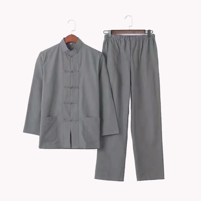 2PC Men's Chinese Dress Martial Arts Clothing Solid Kung Fu Suit 100% Cotton Loose Wu Shu Tai Chi Sets M-4XL Jacket+Long Pants YZT0808