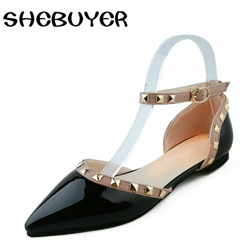 

2017 fashion women summer flat heels sandals sexy elegant ankle strap rivets pointed toe shoes rome style casual close toe shoes