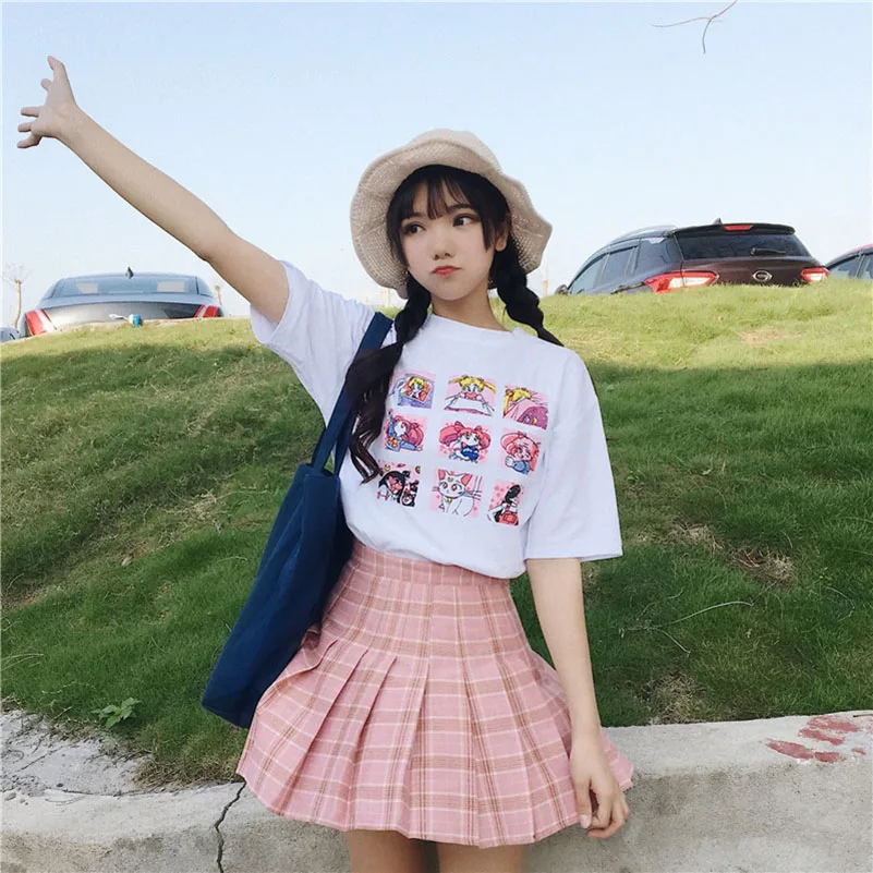 Kawaii T Shirt Summer Women Tops 2018 Harajuku Sweet Print Sailor Moon Loose Short Sleeve Plus Size Tee Shirt Femme +-