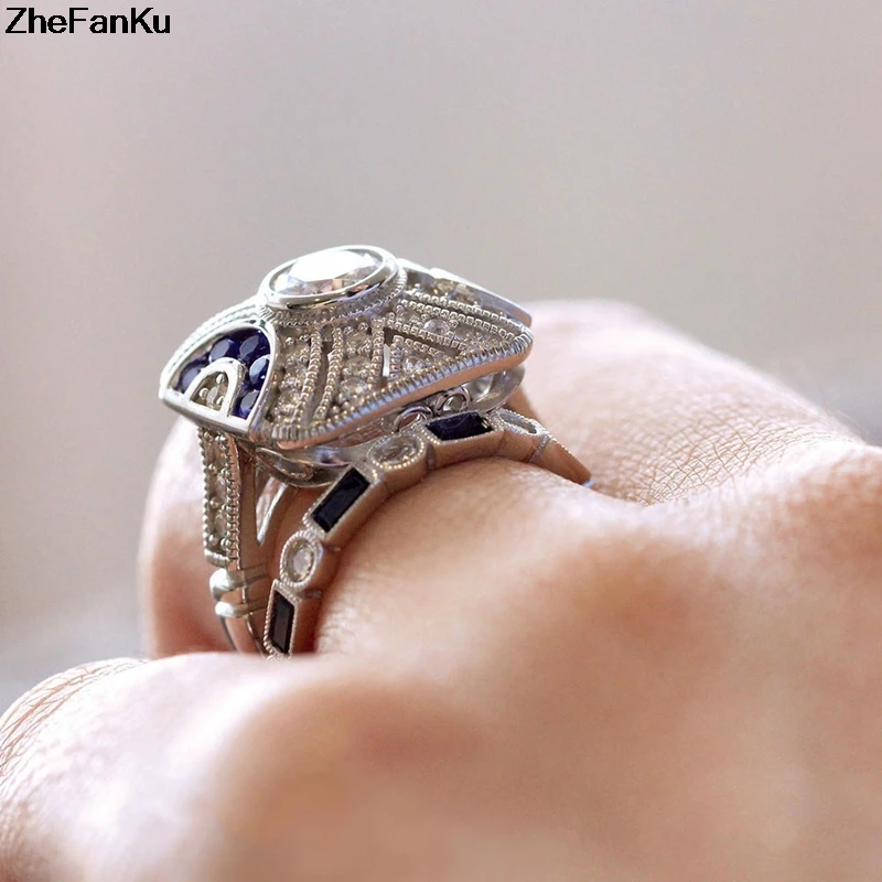 Blue Rhinestone Ring Set Silver Fashion Jewelry Womens Accessories Wedding Rings Pair With Engagement Band