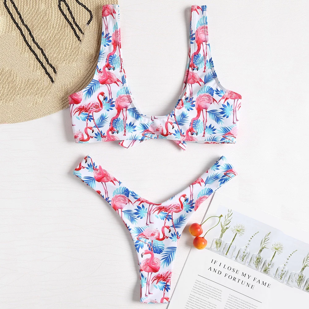 2018 Women High Cut Flamingo Printed Bikini Set Plunging Neck Bow Knot Push Up Swimsuit Bathing Suit Brazilian Bikinis Swimwear