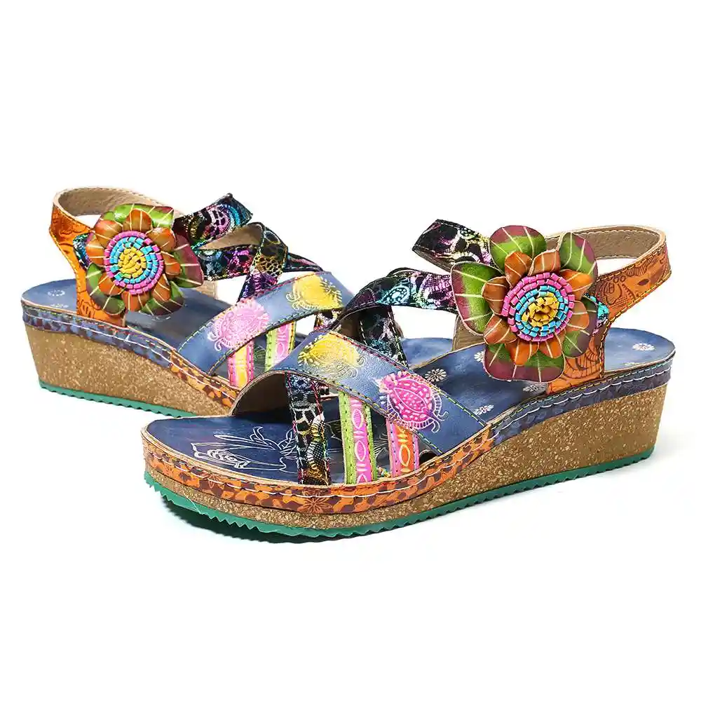 SOCOFY Bohemia Sandals Pattern Genuine Leather Floral Hook Loop Comfortable Wedge Heel Sandals Elegant Women Shoes SOCOFY Bohemia Sandals Pattern Genuine Leather Floral Hook Loop Comfortable Wedge Heel Sandals Elegant Women Shoes