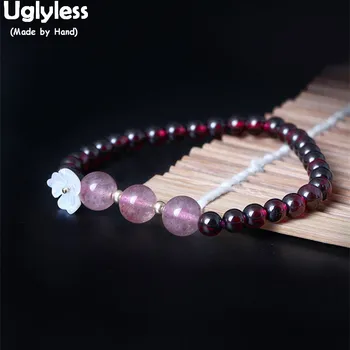 

Uglyless 100% Real Handmade Beading Bracelets for Women Garnet Balls Bracelet Elastic Rope Bangles Shell Flowers Fine Jewelry