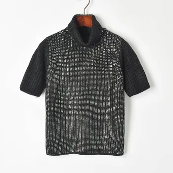 

2019 trendy hot drill high collar pile collar short-sleeved sweater pullover lady