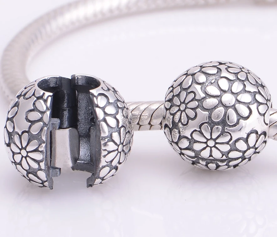 NEW 925 Sterling Silver Floral pattern Lock Clip & Clasp Charms Fits