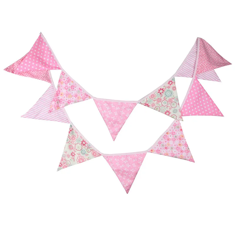 

12 Flags 3.2m Pink Pastoral Design Cotton Fabric Bunting Pennant Flags Banner Garland Baby Shower/Outdoor DIY Home Decoration