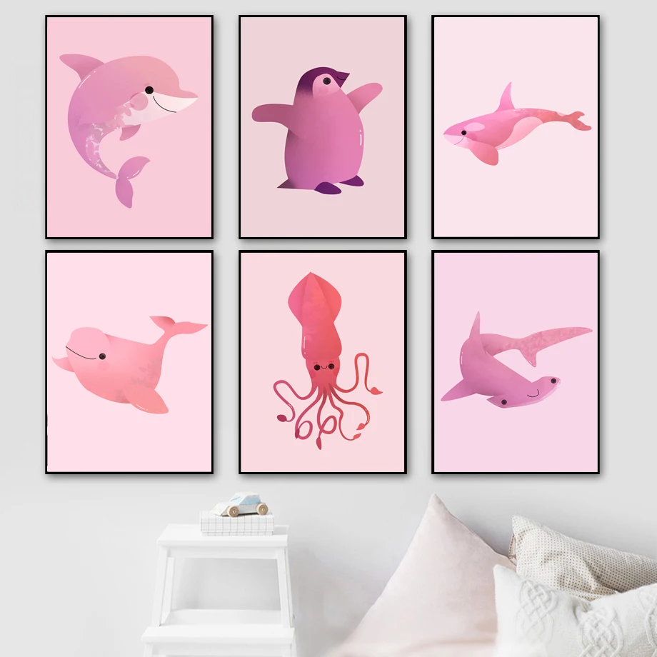 

Dolphin Shark Inkfish Penguin Wall Art Canvas Painting Nordic Poster And Print Animal Wall Pictures Kids Baby Room Home Decor