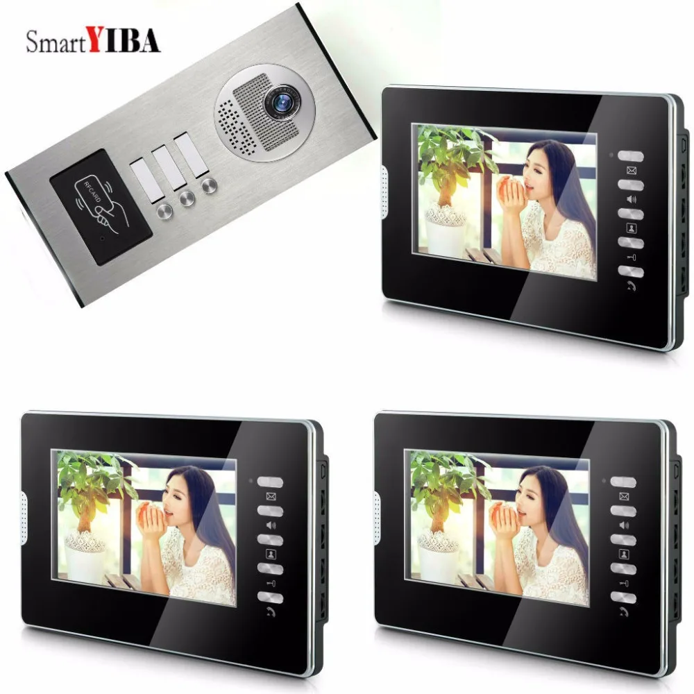 

SmartYIBA 7"Building Video Door Phone Bell Intercom System For 3 Units Apartment RFID Card Control Wired Video Door Phone Kits