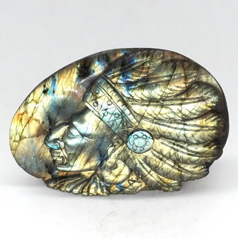 

Indians Chief Statue 3.6" Flash Natural Gemstone Labradorite Carved Home Office Decor