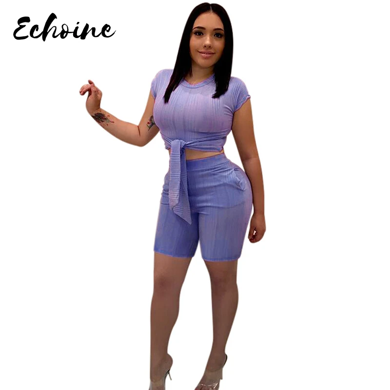 

Echoine Women Summer O Neck Short Sleeve Knitted Tie Up Hem Crop Top Short Pants 2 Pieces Suits Purple/Black Tracksuit Outfits