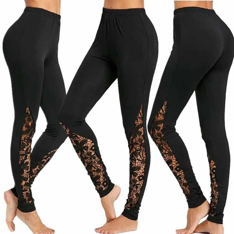 Black Sexy Elegant Sheer Floral Lace Insert Skinny Leggings Summer