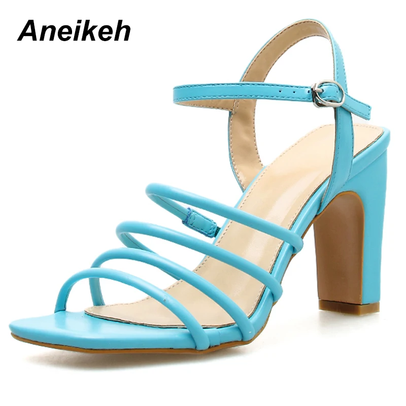 

Aneikeh 2019 New Summer Ladies Sandals Casual Fashion Square Head Open Toe Solid Color Hollow Buckle With High Heel Sandals