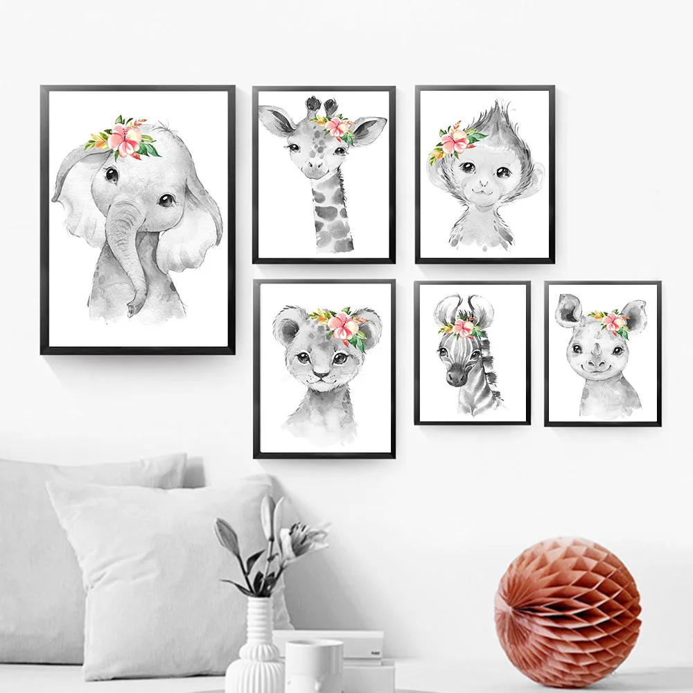 

Animals Floral Crown Art Decor Canvas Painting Baby Girl Prints Animal Giraffe Elephant Zebra Tiger Wall Pictures Nursery Poster