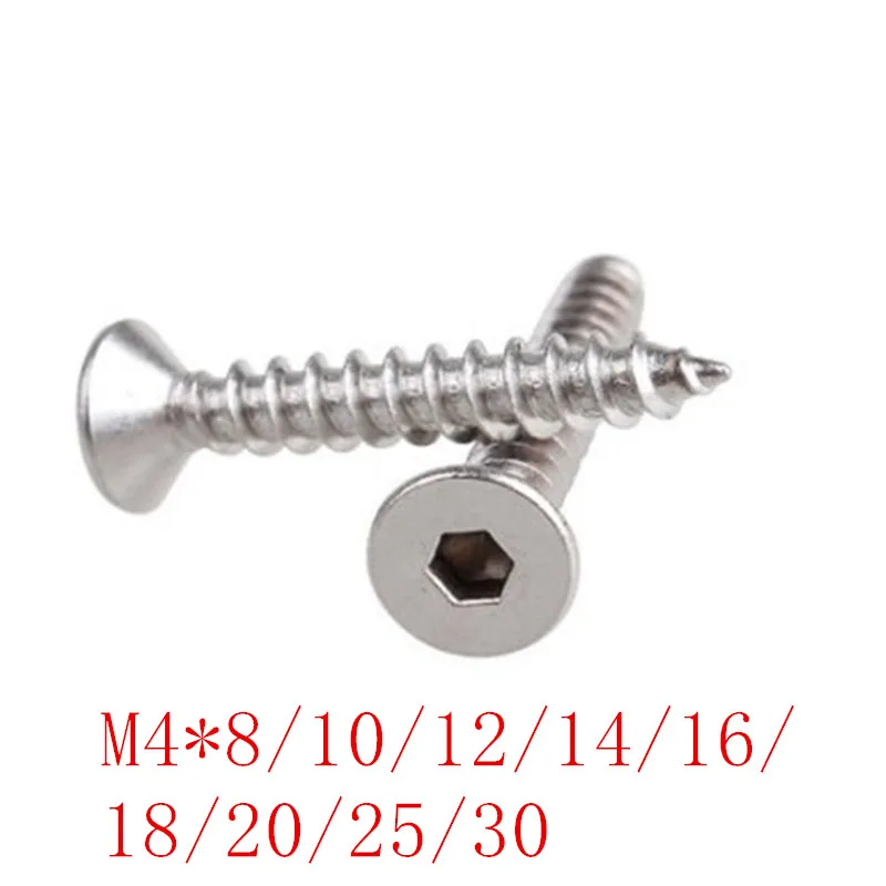 

20pcs/lot m4x8/10/12/14/16/18/20/25/30 Stainless Steel 304 Hex Hexagon Socket Flat Countersunk Head self tapping screw