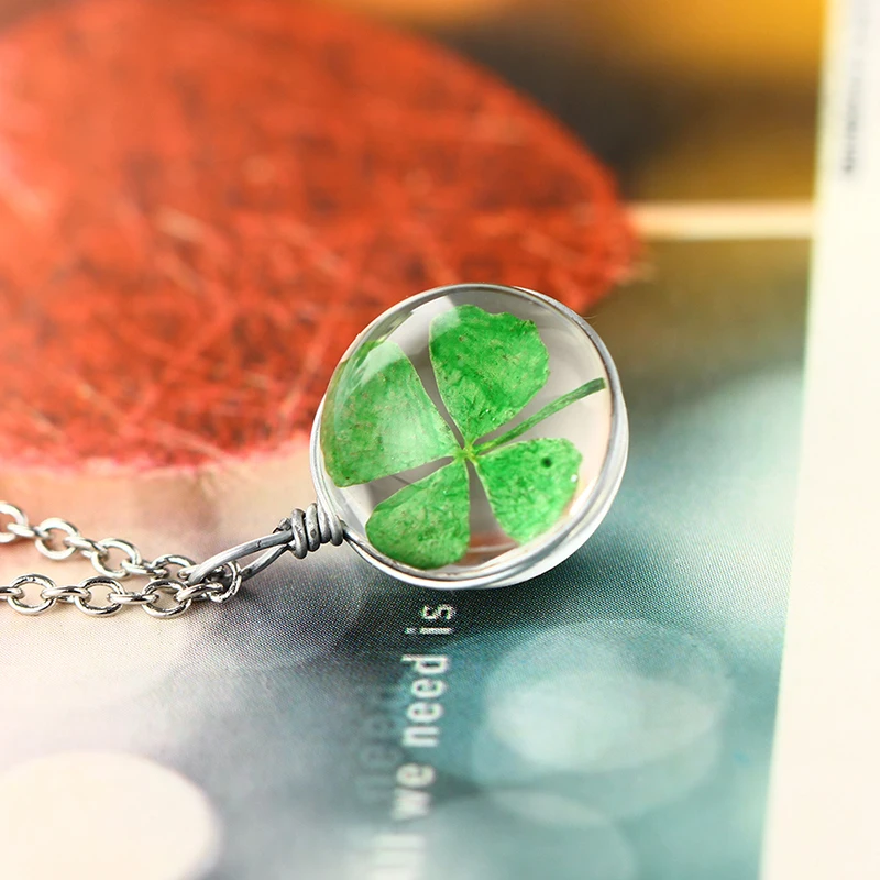 MJARTORIA Lucky Four Leaf Clover Shamrock ожерелье с настоящими цветами модный DIY прессованный