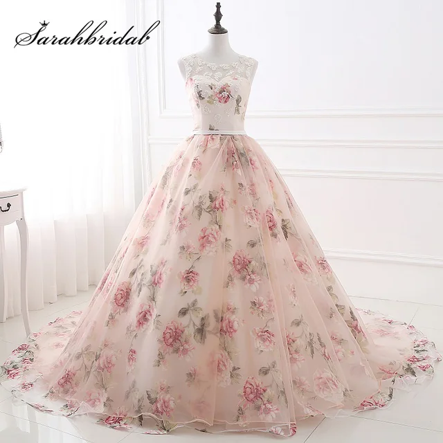 cheap new pink floral print ball gown evening dresses with lace pink floral print