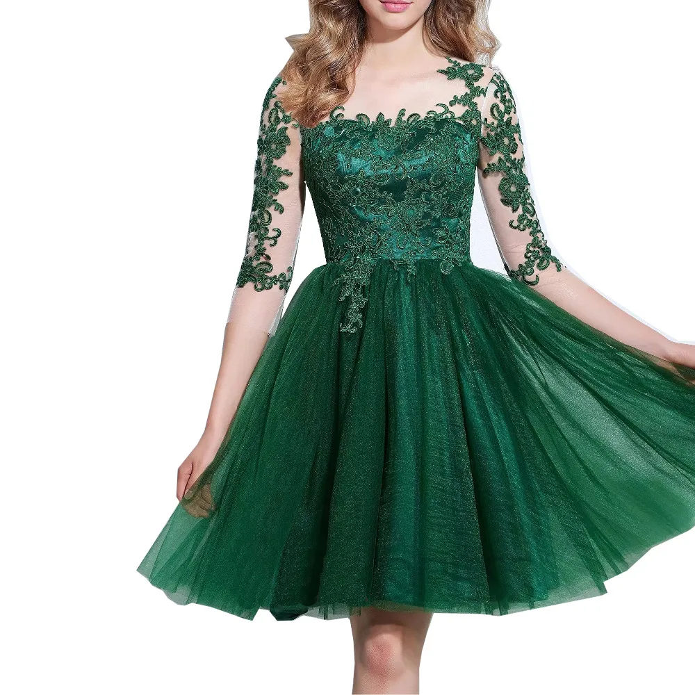 2017 мода 8-го класса выпускные dress sheer шеи 3/4 рукава-линии homecoming платья аппликация