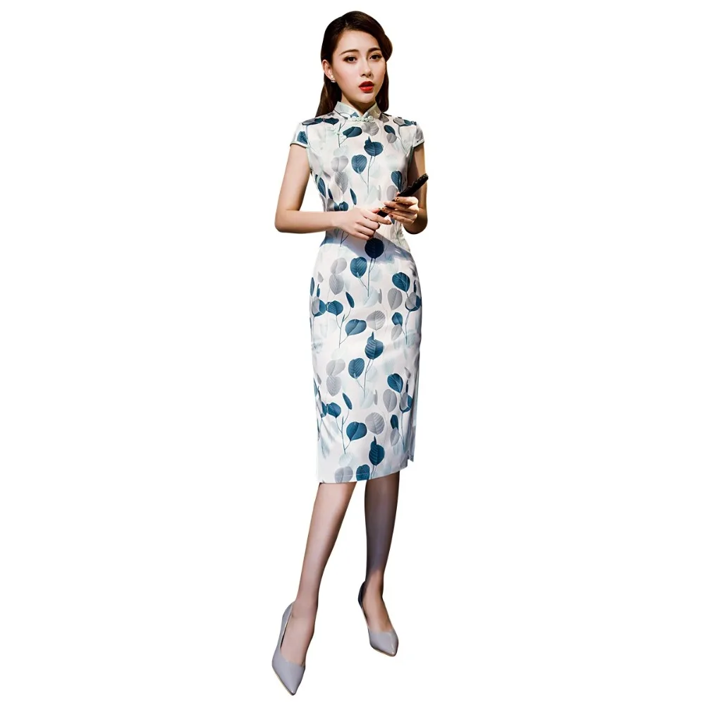 Шанхай история искусственный шелк короткий рукав цветочный Qipao с подкладкой