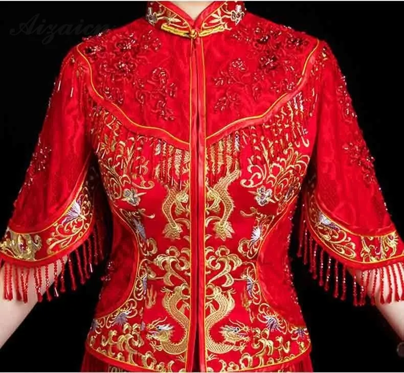 2019 Китайский традиционный свадебный платье Красный тонкий Cheongsam Длинные плиссированные кисточкой Qi Pao Для женщин Orientale невесты свободные