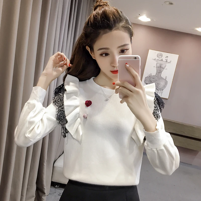 female sweater ruffles o-neck computer knitted pullovers patchwork new Korean version women Sweaters