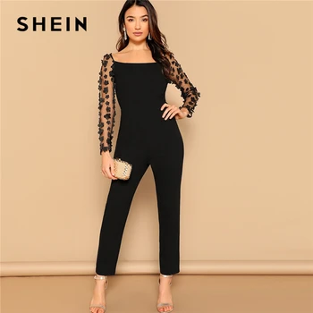 

SHEIN Black Sexy Mesh Flower Appliques Sleeve Square Neck Jumpsuit Women Mid Waist Skinny Spring High Street Solid Jumpsuits