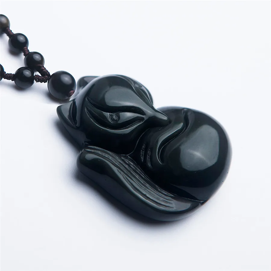 Genuine Natural Rainbow Lights Obsidian Gemstone Necklaces Pendants Women Female Fox Carved Natural Obsidian Pendant 373012mm (6)
