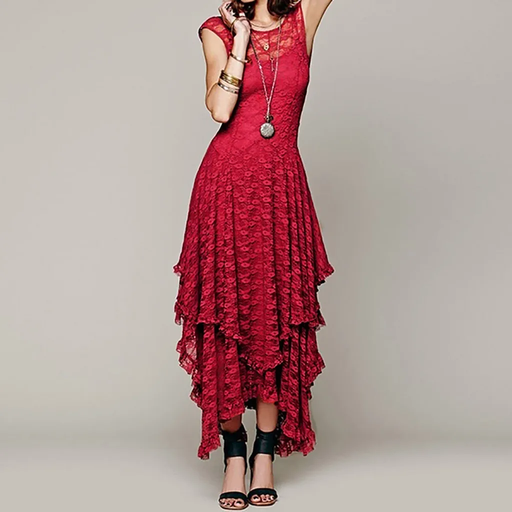 

Women's Bohemian Irregular Lace Sexy Double Layered Ruffled Trimming Long Dresses Vestidos De Fiesta De Noche Sukienki Damskie