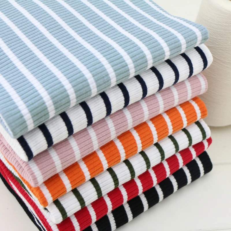 

50cm X 125cm 100% Cotton Rib Dyed Horizontal Strip Elastic Knitted Fabric Diy Clothes Medium make dress Cloth 250g/m