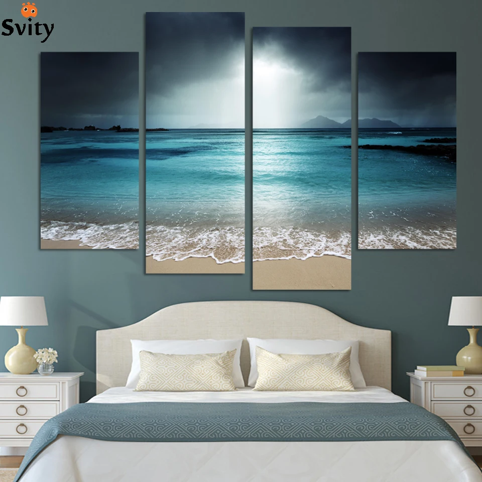 

Framed 4 Panel Modern Wall Art Home Decoration Painting Canvas Prints Pictures Sea Scenery With Beach F219