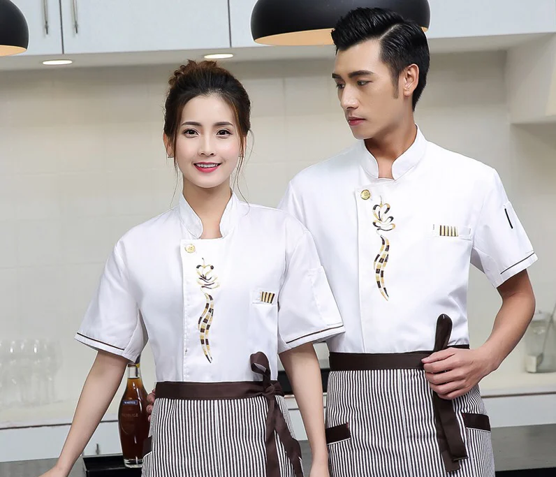 Short Sleeve Spliced Chef Cooking Workwear High Quality 2018 Catering Restaurant Coffee Shop Waiter Uniforms Casual Tops Aprons |