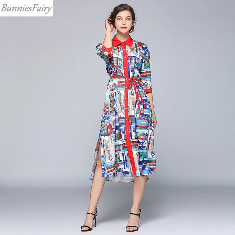 

BunniesFairy 2019 Spring Summer Women Vintage Retro Fashion Striped Floral Print Loose Slender Irregular Long Midi Shirt Dress