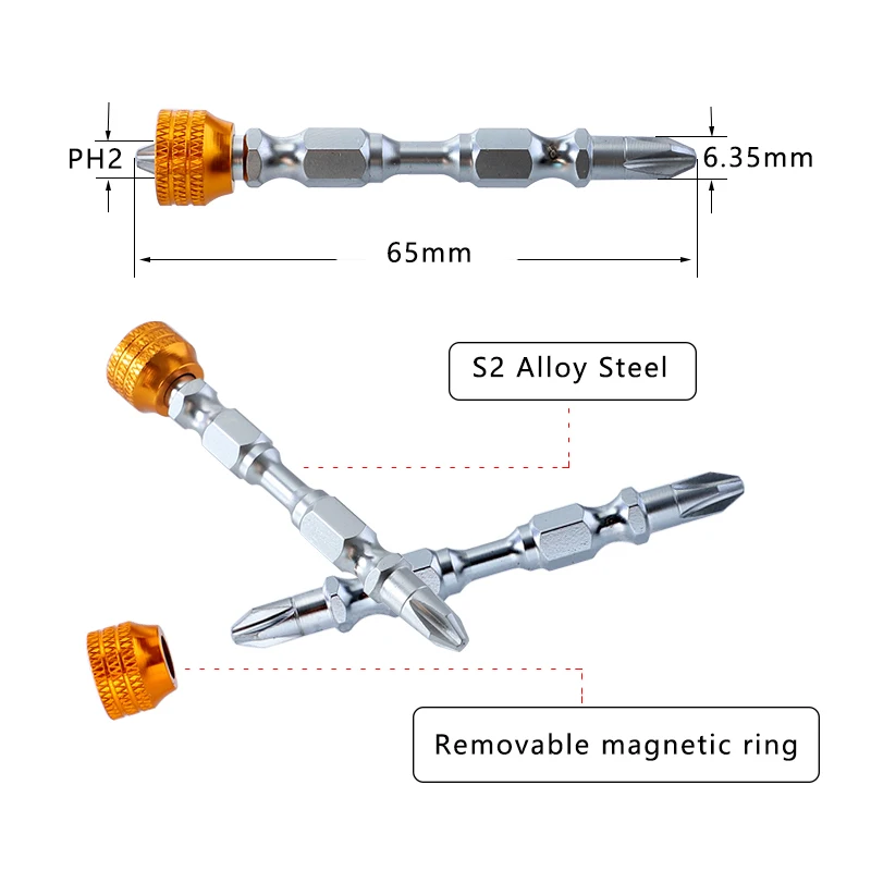 10 шт. набор сильных магнитных бит 65 мм Phillips S2 винт с двойной головкой драйвер с магнитным кольцом PH2 шестигранный хвостовик электрическая отвертка Биты