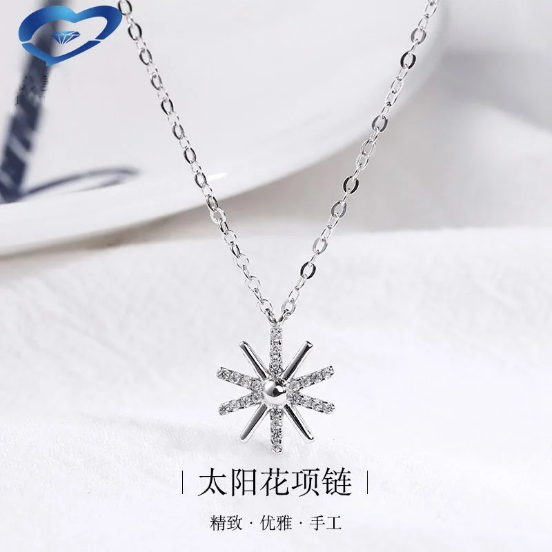 

Fashion sunflower 925 sterling silver pendant necklace female Korean floral S925 rhinestone cz necklace set cross chain