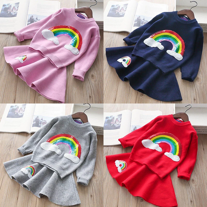 

Fashion Kids Clothing Sets For Girls Sweaters+Knit Skirt Children Clothes Rainbow Sequin Girls Clothing Set 2018 Spring Autumn