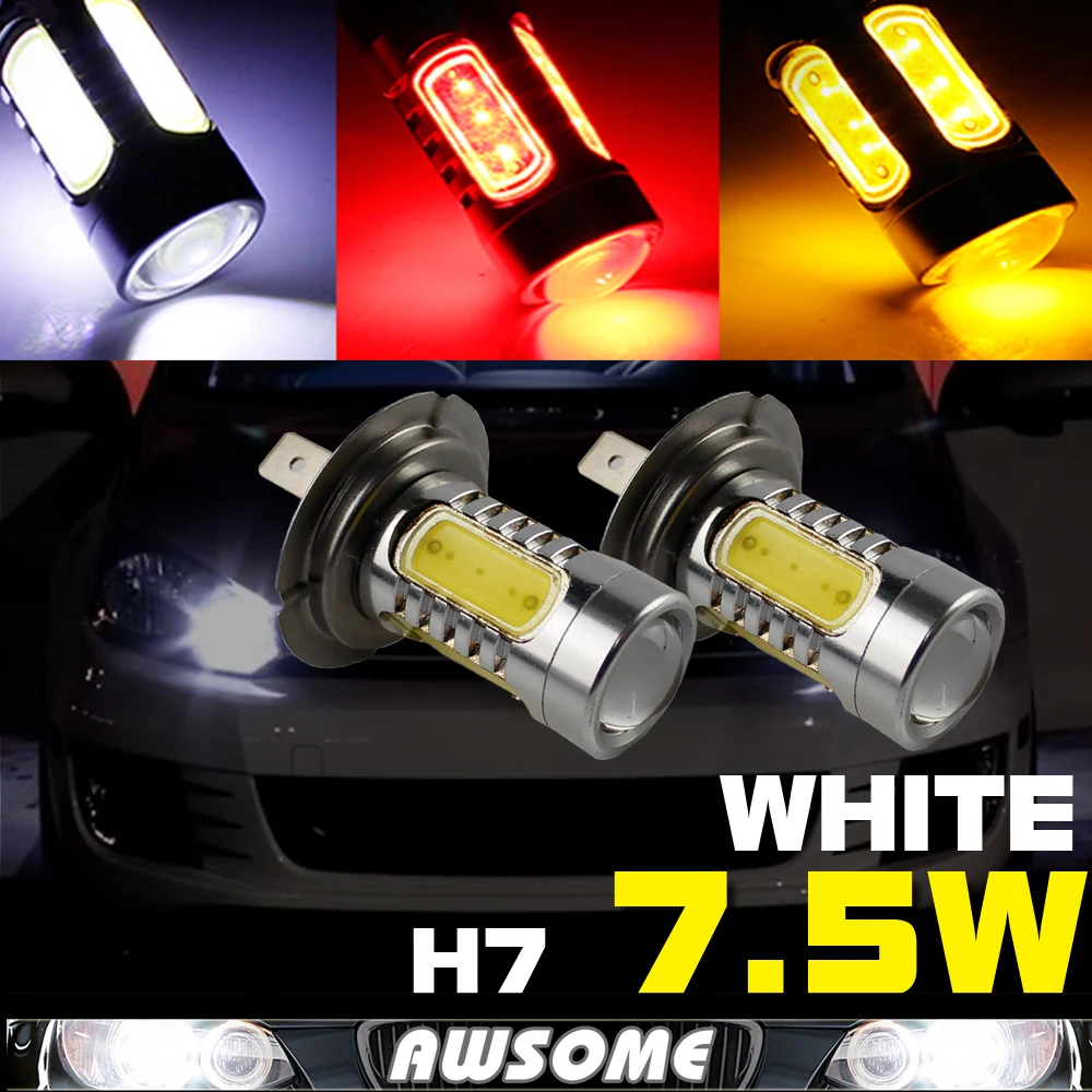 

2x COB H7 7.5W Car LED DRL Driving Daytime Running Fog Light W/ Projector Lens Bulb White Red Yellow/Amber